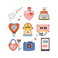 Set of elements for St. Valentine's Day, bottle with a love potion, typewriter, mailbox, cassette, heart shaped lock and key. Symbol of love, romance. vector