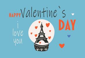 Card template for Saint Valentine's day, 14 february. Hand drawn cards with glass layer with eiffel tower, heart, text. vector