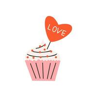 Cupcake with a heart and the text love. Symbol of love, romance. Design for Valentine's Day. vector