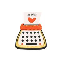 A typewriter with a heart and the text be mine on paper. Symbol of love, romance. Design for Valentine's Day. vector