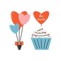 Set of elements for St. Valentine's Day, cupcake with a heart and the text be mine, balloons are tied with a bow. Symbol of love, romance. vector