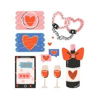 Set of elements for St. Valentine's Day, fluffy handcuffs in the shape of a heart, condom, smartphone, candy, wine with label. Symbol of love, romance. vector