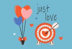 tarjeta modelo para Santo San Valentín día, 14 febrero. mano dibujado tarjetas con objetivo, flecha, globos, corazón, texto. vector
