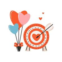 Set of elements for St. Valentine's Day, target with a heart in the middle and an arrow, balloons are tied with a bow. Symbol of love, romance. vector