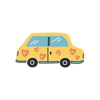 The yellow car with hearts. Symbol of love, romance. Design for Valentine's Day. vector