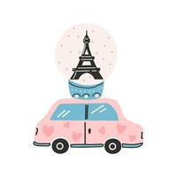 The pink car that carries the glass layer with eiffel tower and hearts. Symbol of love, romance. Design for Valentine's Day. vector