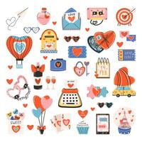 Set of elements for St. Valentine's Day, bottle with a love potion, typewriter, mailbox, cassette, heart shaped lock and key. Symbol of love, romance. vector
