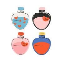 Set of elements for St. Valentine's Day, bottle with a love potion. Symbol of love, romance. vector