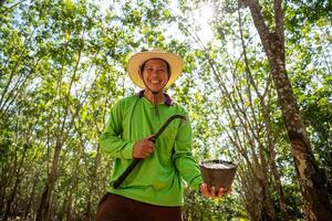 Happy asian rubber farmers stand holding cups of latex in a rubber tree plantation of thailand. photo