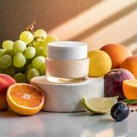 AI generated Cosmetic jar mockup on podium, fruits and berries on background, beauty concept, cream mock up photo