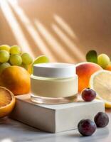 AI generated Cosmetic jar mockup on podium, fruits and berries on background, beauty concept, cream mock up photo