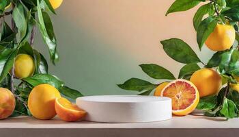 AI generated Mock up podium, a lot of citrus orange and lemon and peach and grape on background, morning light, mockup photo