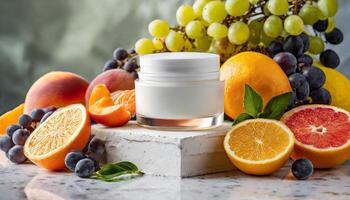 AI generated Cosmetic jar mockup on podium, fruits and berries on background, beauty concept, cream mock up photo