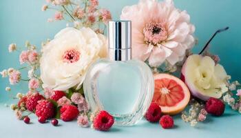 Transparent perfume bottle mock up with flowers, berries, fruits on background photo