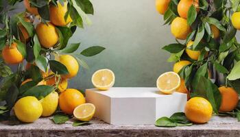 AI generated Mock up podium, a lot of citrus orange and lemon and peach and grape on background, morning light, mockup photo