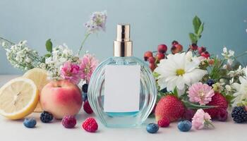 Transparent perfume bottle mock up with flowers, berries, fruits on background photo
