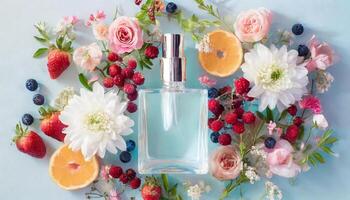 Transparent perfume bottle mock up with flowers, berries, fruits on background photo