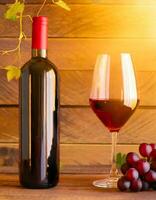 AI generated Vine bottle mockup, glass of wine on wooden background, template photo