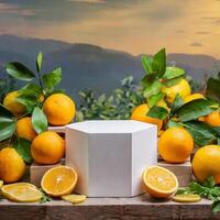 AI generated Mock up podium, a lot of citrus orange and lemon and peach and grape on background, morning light, mockup photo