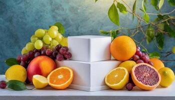 AI generated Mock up podium, a lot of citrus orange and lemon and peach and grape on background, morning light, mockup photo