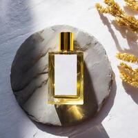 Mockup of galss transparent perfume bottle on stone plate and shadows photo