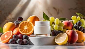 AI generated Cosmetic jar mockup on podium, fruits and berries on background, beauty concept, cream mock up photo