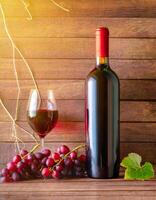AI generated Vine bottle mockup, glass of wine on wooden background, template photo
