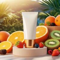 AI generated Cosmetic tube mockup on podium, fruits and berries on background, beauty concept, cream bottle mock up photo