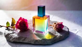 Mockup of galss transparent perfume bottle on stone plate and shadows photo