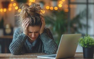 AI generated Person stressed at desk holding head, urban downsizing picture photo