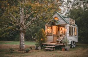 AI generated Tiny house on wheels sitting outside surrounded by nature, alternative living photo