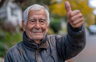 AI generated An elderly man happily showing thumbs up outside, age acceptance image photo