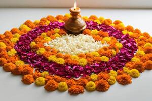 ai generado gudi Padwa pongal flor rangoli hecho de maravilla o Zendu flores con un petróleo lámpara en un blanco fondo, gudi Padwa decoración imagen foto