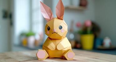 AI generated Paper easter bunny sits on wooden table, easter crafts image photo