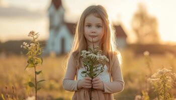 AI generated Child holding willow tree near church, children in palm sunday concept photo