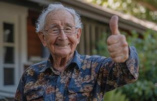 AI generated Happy older man giving thumbs up outdoors expressing joy and approval with a big smile on his face, age acceptance photo