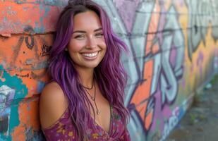AI generated Beautiful woman with purple hair smiling near graffiti wall, fashion image photo