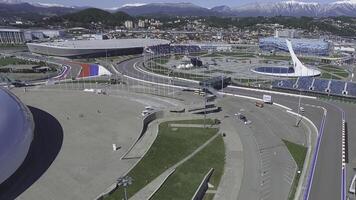 SOCHI, RUSSIA Sochi Olympic Fire Bowl in the Olympic Park Aerial. Sochi Olympic Fire Bowl in the Park. Central stella and Stadium Fisht built for Winter Games. Olympic objects of winter games 2014 photo