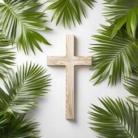 AI Generated Palm Leaves, Catholic Wooden Cross. Palm Sunday And Easter Day Concept. Palm Sunday And Easter Day Concept. Copy space. This photo was created using Playground AI