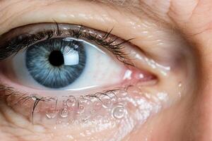 ai generado cerca arriba ver hermosa azul arrugado ojo macro detalle humano visión vista pestaña óptico globo ocular párpado cuidado de la salud mirando iris colores agua soltar optometría medicina visión visual foto