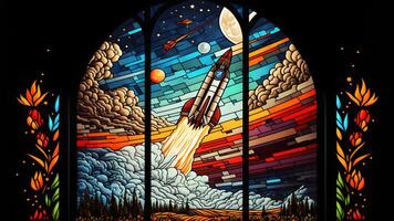 AI generated rocket launch, center composition, style of stained glass, neural network generated art photo