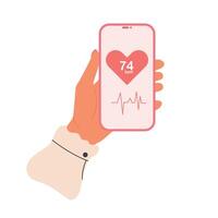 Female hand holds smart phone with pulse numbers on screen. Heartbeat control care app vector