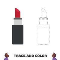 Trace and color the lipstick. Handwriting practice for kids.  Educational sheet with game. Vector illustration