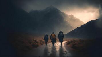 AI generated group of walking travellers in scandinavian mountains at rainy foggy day, neural network generated art photo