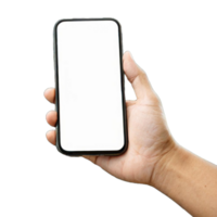 hand- Holding modern zwart telefoon in verticaal positie. vrij PNG