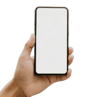 hand holding modern black phone in vertical position. Free PNG