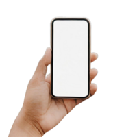 hand holding modern black phone in vertical position. Free PNG