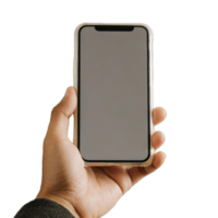 hand holding modern black phone in vertical position. Free PNG