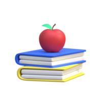 Minimal school icon concept, Apple on a stack of books isolated, 3d render illustration, PNG
