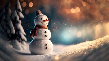 AI generated small snowman at winter day in front of fir forest - closeup with selective focus and bokeh, neural network generated art photo